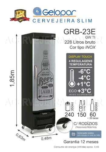  Cervejeira SLIM Porta Cega tipo INOX GRB-23E GW TI 220V Gelopar c/ rodizios 228L 