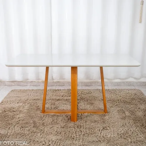 Mesa de Jantar Bali 160x80 Vidro Off/Base Madeira- Produto Novo 