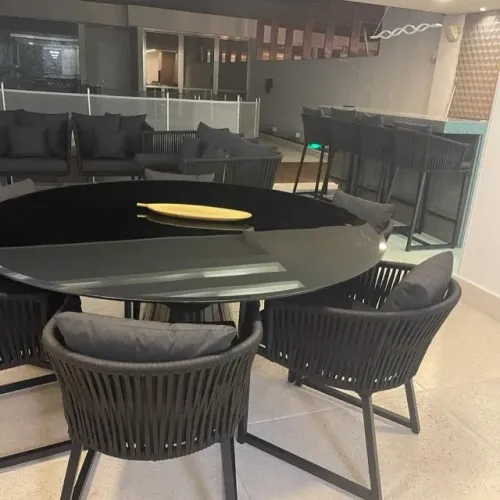 CONJUNTO MESA REDONDA DE VIDRO + 6 CADEIRAS TURIM DE CORDA NÁUTICA