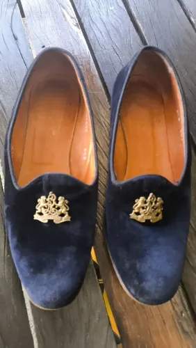 Sapatos Ralph Laurer de veludo azul com detalhe dourado