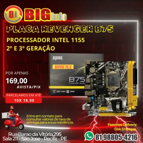 Placa Mãe Revenger Gamer B75 Lga1155 Ddr3 Nvme USB 3.0  - Preto Em ate 10x Fixas 