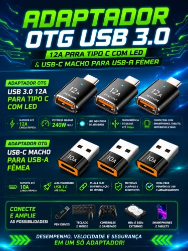 Adaptador OTG USB 3.0 12A Para Tipo C com LED & Adaptador OTG USB-C Macho Para USB-A Fêmea