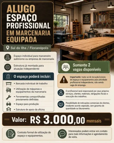 Alugo espaço profissional em marcenaria equipada - Rio Tavares/ Florianópolis