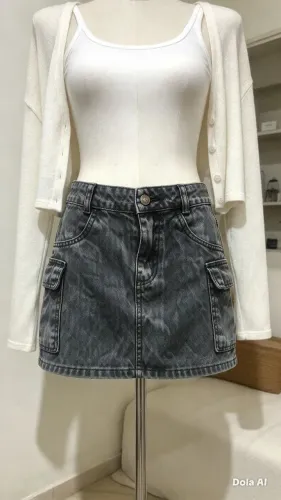 ? Saia Cargo Jeans ? Cinza Chumbo