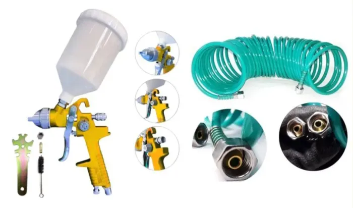 PISTOLA DE PINTURA GRAVIDADE CANECA PLÁSTICA 600ML E MANGUEIRA 10M ASPIRAL
