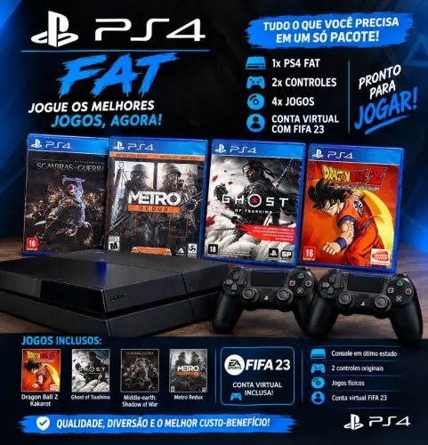 PS4 Fat + 2 Controles + 4 Jogos + FIFA 23