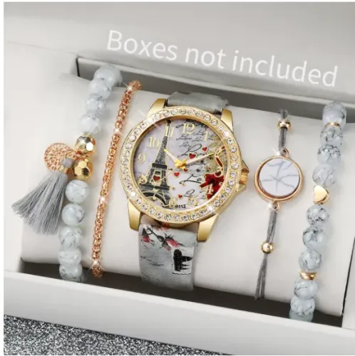 5 pçs moda strass relógio feminino flores impresso pulseira de couro
