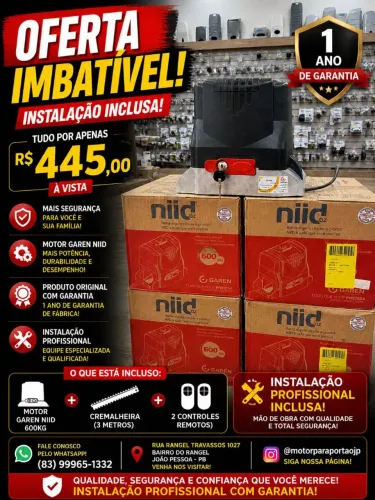 MOTOR PARA PORTÃO GAREN NIID DZ 170W BIVOLT, VALOR COM INSTALAÇÃO JÁ INCLUSA