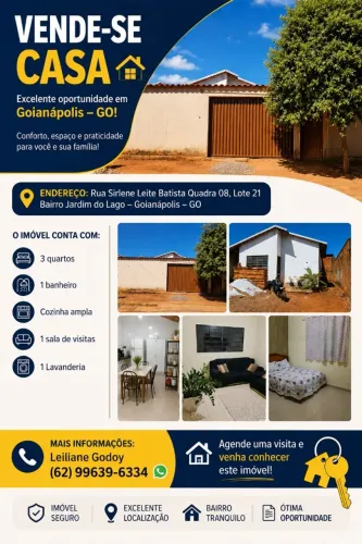 Casa em Goianápolis, 3 quartos, 1 sala 1 cozinha, 1 banheiro e 1 lavanderia