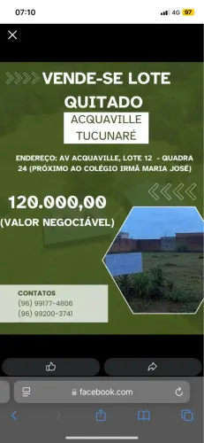 VENDO TERRENO QUITADO NA PRINCIPAL DO ACQUAVILLE TUCUNARÉ