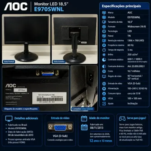 Monitor AOC E970SWNL 18,5 Polegadas LED HD VGA