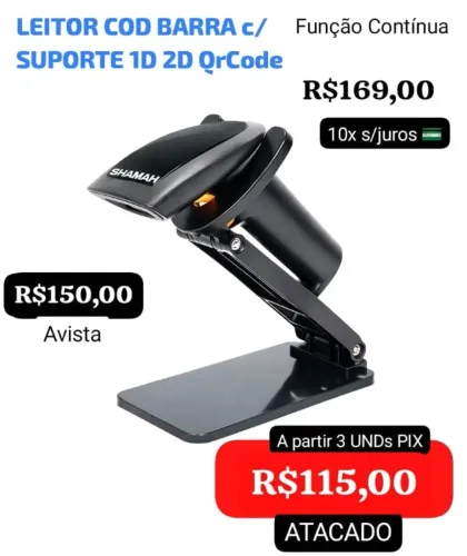 LEITOR CODIGO BARRA COM SUP 1D 2D QRCODE FUNÇÃO CONTINUA MARCA SHAMAH VENDAS ATACADO VRJ