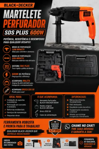 Martelete Perfurador Black Decker SDS Plus 600W + Maleta Original + Broca S8