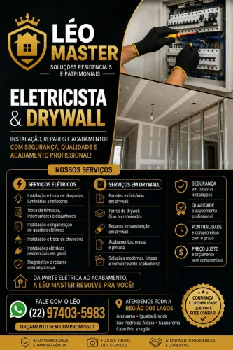 Eletricista e Drywall<br>Eleticista e Drywall | Instalações e Reformas | Região dos Lagos