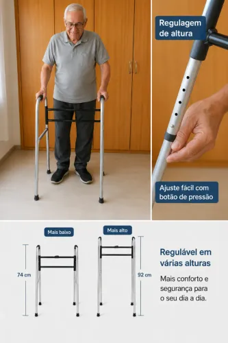 Andador Idoso Dobrável Até 130kg C/ 2 Barras Regulagem Altura e ANTIDERRAPANTE 