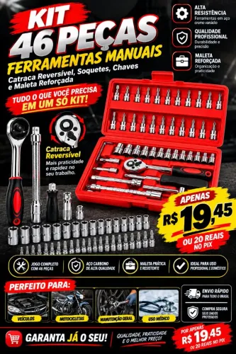 Kit 46 Peças Ferramentas Manuais, Catraca, Soquetes e Maleta para Carros e Motos