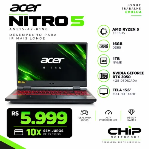 Notebook Gamer Acer Nitro 5 AN515-47-R1N8 | Ryzen 5 | 16GB DDR5 | SSD 1TB | GPU Dedicada