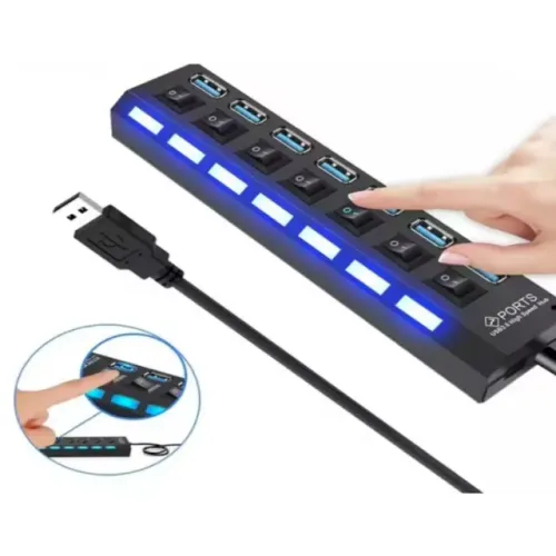 Hub USB 7 Portas 2.0 com Interruptor Individual LED Alta Velocidade 5Gbps Extensor USB