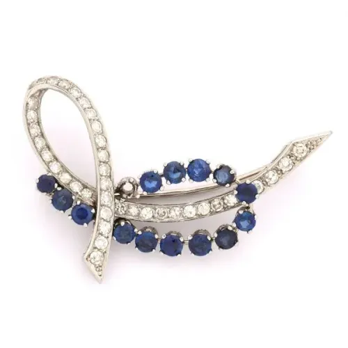 Broche Platina com 38 diamantes e 15 safiras azul 10,7 gramas de platina