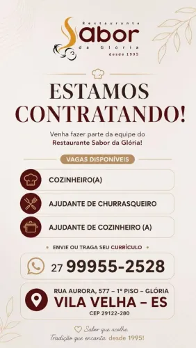 Vagas para Cozinheiro com experiência, Ajudante de Cozinha e Ajudante de Churrasqueiro .