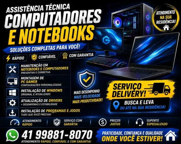 Assistência Técnica para Notebooks e Computadores, Upgrade, Formatação, PC gamer, Delivery