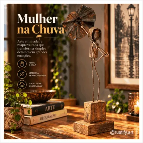 Escultura Mulher na Chuva em Madeira Reciclada - Arte Artesanal Exclusiva para Decoração