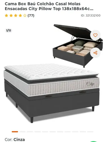 Cama box baú colchão casal molas ensacadas city pilow top 137x188x64 incluso cabeceira