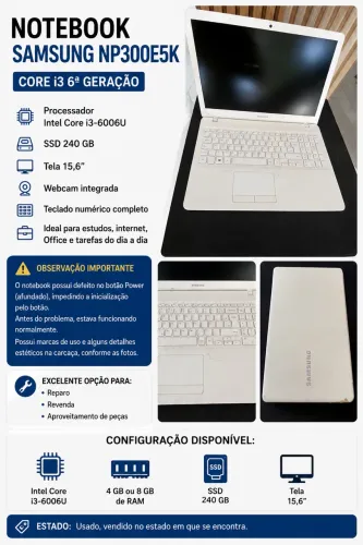 Notebook Samsung NP300E5K Para Reparo ou Peças