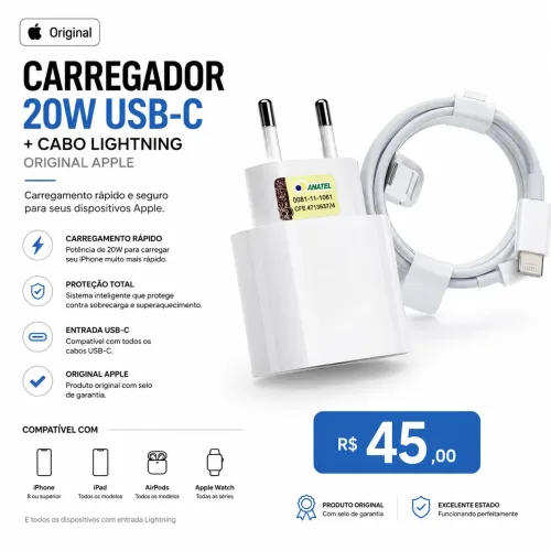 Carregador Apple 20W USB-C + Cabo Lightning iPhone
