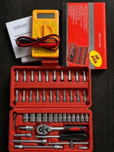 Kit Ferramentas 46 Peças Chave Catraca + Soquetes + Multímetro Digital DT-830B<br>