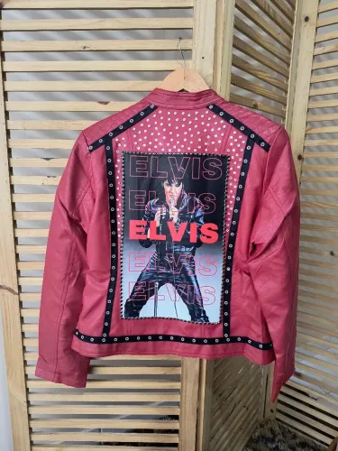Jaqueta PU customizada vermelha Elvis Presley tamanho G