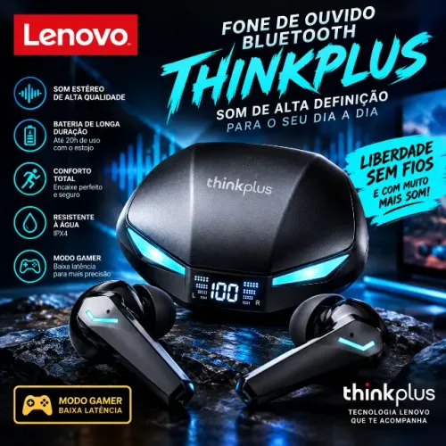Fone de Ouvido Lenovo XT53 Bluetooth 5.4 Gamer -  Sem Fio LED Display FW 2026 NOVO Lacrado