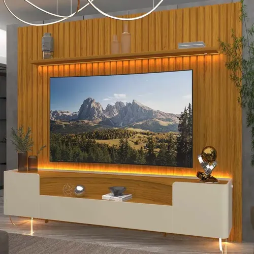 Painel Ripado Larg. 2.30m + Rack C/ Pés de Vidro Naturale/Off rf55