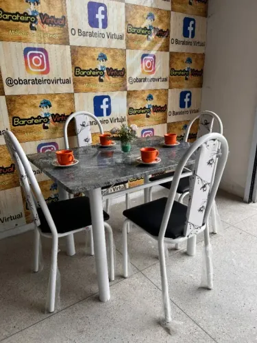 Conjunto Mesa De 4 Cadeiras Tubular Tampo/Granito Branco Com Encosto - Em Promoção 