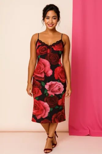 Vestido Social Floral Assimétrico em Crepe c/Fenda