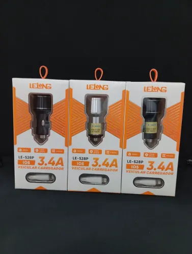 Carregador Veicular 3.4A com Cabo Lightning (iPhone) LELONG LE-528P<br>