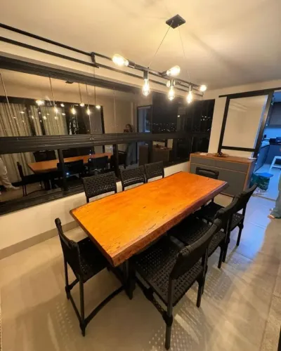 MESA DE MADEIRA TAMPO UNICO + 8 CADEIRAS DE CORDA NÁUTICA