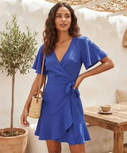 Vestido Envelope Azul Em Viscose. Tamanho M