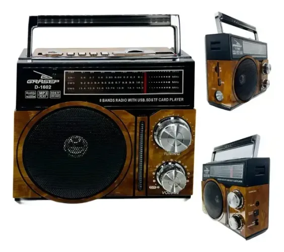 Rádio Analógico Portátil Grasep Retro AM FM USB Marrom D-1602