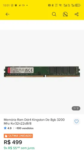 Memória RAM Kingston 8Gb 3200mhz 200$ CADA UMA