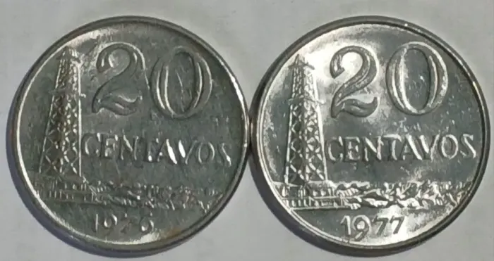Moedas são itens de coleção 20 centavos 1976 e 1977