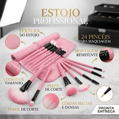 Kit 24 Pincéis De Maquiagem Profissional Com Estojo Rosa Cerdas Macias