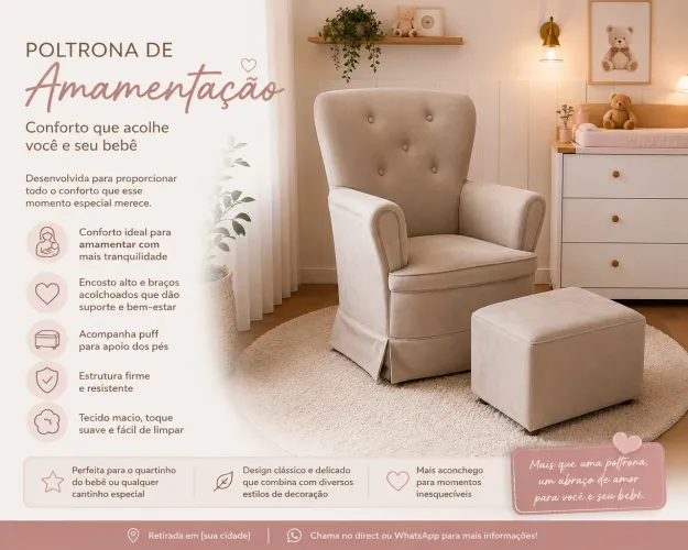 Cadeira de amamentação com puff para apoio dos pés 