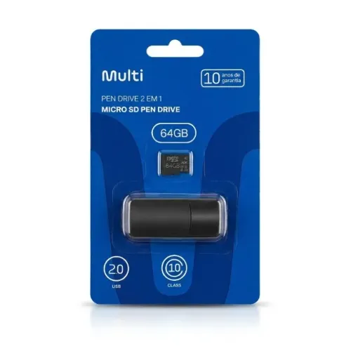 Pen Drive 2 Em 1 Multilaser 64gb Classe 10 Leitor Usb Mc164