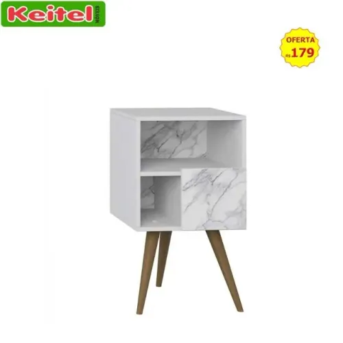 Mesinha de Cabeceira Retro Com 1 Porta E Pés Palito Cor Branco / Carrara - 1008