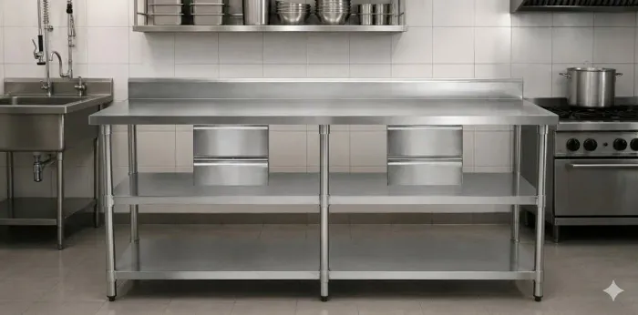 Bancada com gavetas e paneleiro Inox
