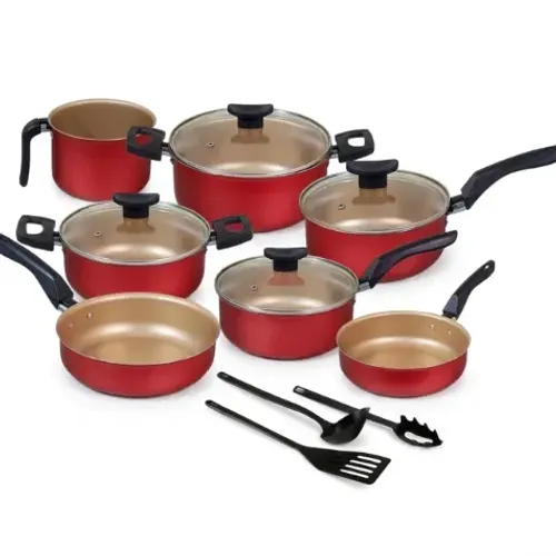 Conjunto Panelas 10 Peças Antiaderente Teflon Tampa Vidro Cereja e Bege não gruda