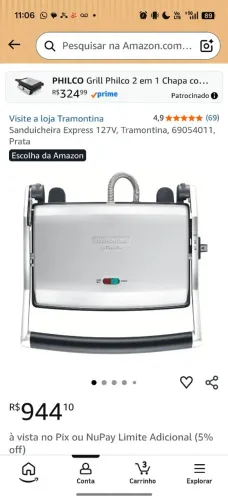 SANDUICHEIRA TRAMONTINA BY BREVILLE EXPRESS EM AÇO INOX FOSCO COM CHAPA FLUTUANTE 