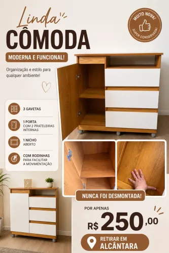 Linda cômoda, 3 gavetas, 1 porta e nicho aberto