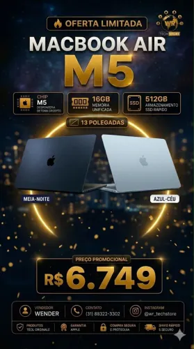 MacBook Air M5 - 13? 16GB / 512GB Cor disponível: Sky Blue e Midnight 